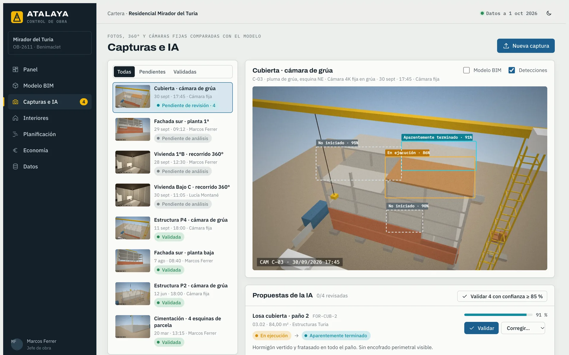 Captura de cámara de grúa con detecciones y panel de propuestas