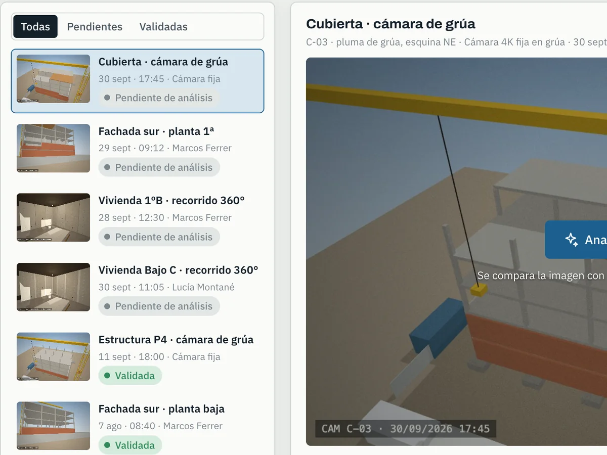 Listado de capturas por punto: cámara de grúa, fachadas y recorridos 360°